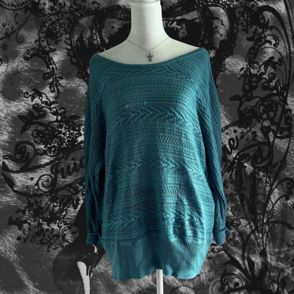 alternating cable knit chevron bands open knit fairy teal top
